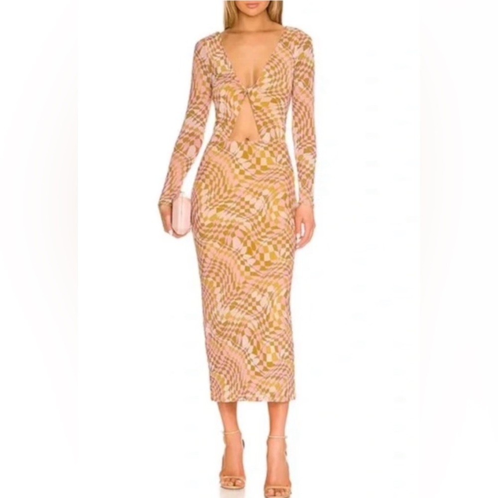 AFRM Monah mesh midi dress in blush checkerboard